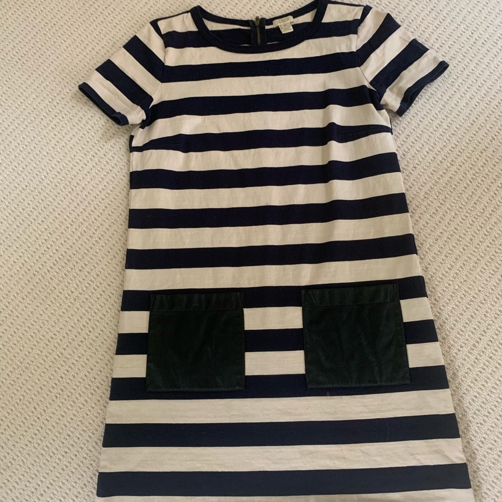 JCREW striped dress with faux leather pockets